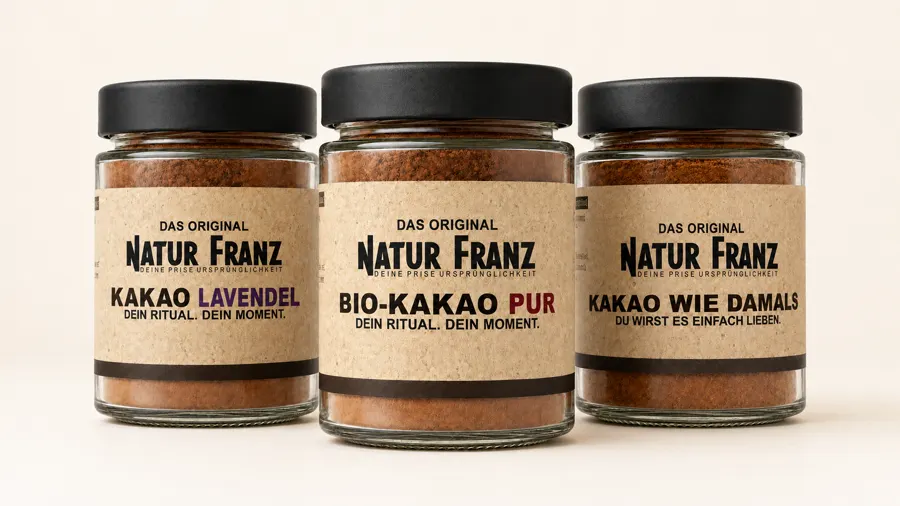 Klaus's product photo of three Natur Franz cacao jars